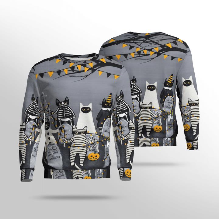 Graveyard At Night Cats Masquerade Ghost Mummy Skelecat Spooky 3D Aop Sweatshirt