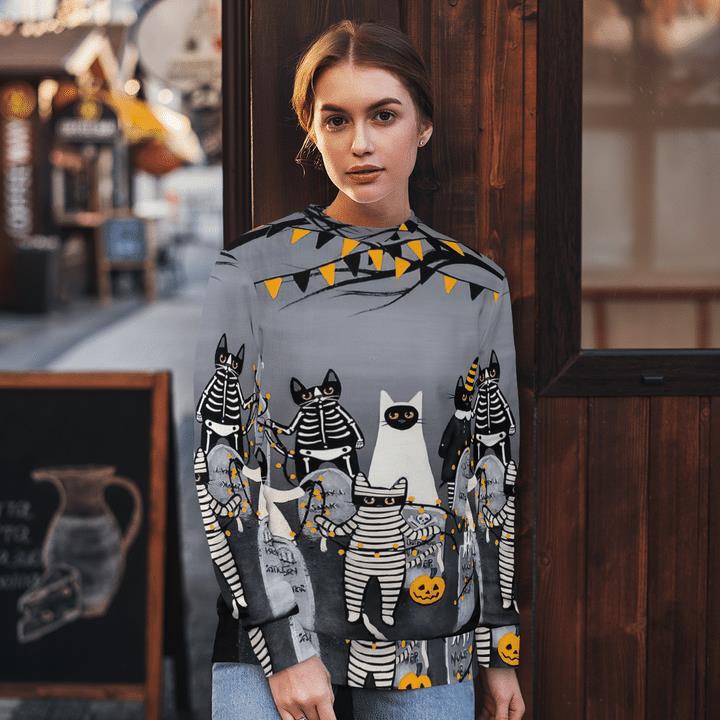Graveyard At Night Cats Masquerade Ghost Mummy Skelecat Spooky 3D Aop Sweatshirt 1 » Cool Gifts for You - Mfamilygift Graveyard At Night Cats Masquerade Ghost Mummy Skelecat Spooky 3D Aop Sweatshirt 1