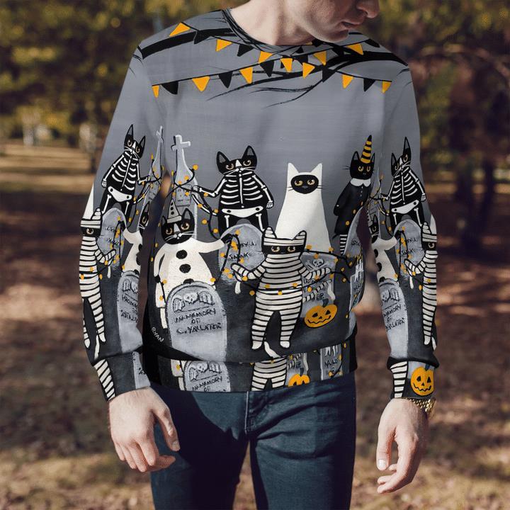 Graveyard At Night Cats Masquerade Ghost Mummy Skelecat Spooky 3D Aop Sweatshirt 2 » Cool Gifts for You - Mfamilygift Graveyard At Night Cats Masquerade Ghost Mummy Skelecat Spooky 3D Aop Sweatshirt 2