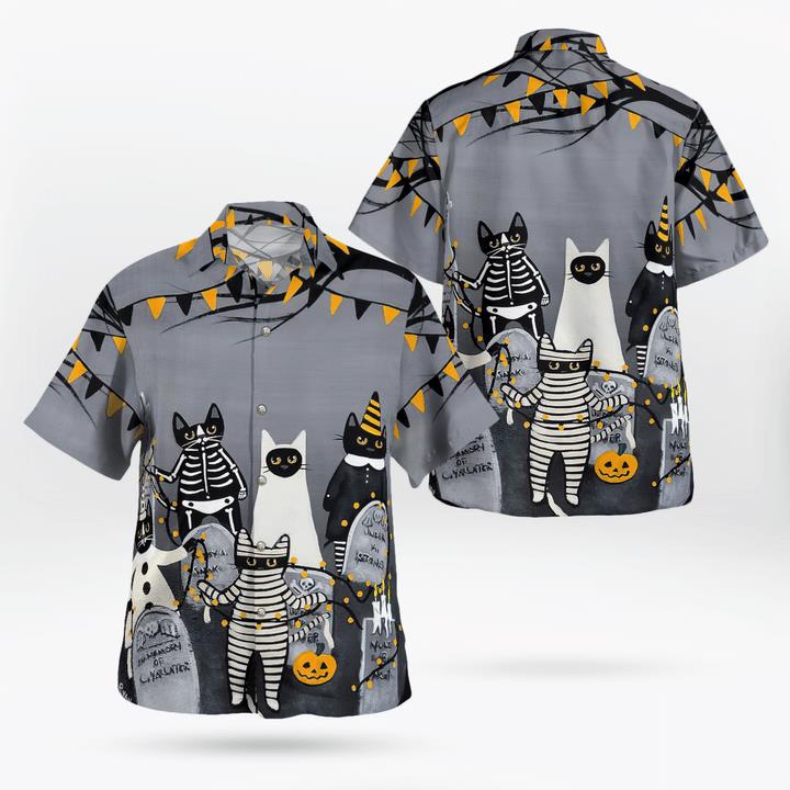 Graveyard At Night Cats Masquerade Ghost Mummy Skelecat Spooky 3D Hawaii Shirt