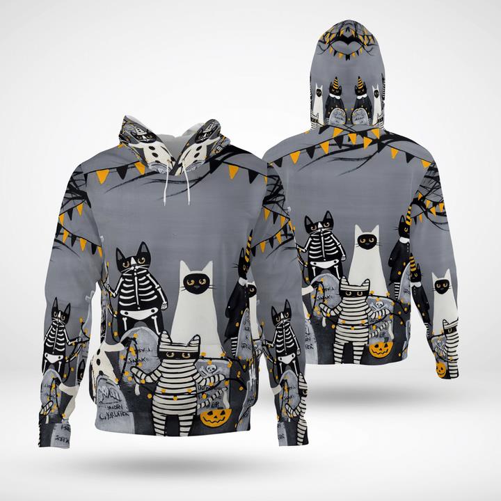 Graveyard At Night Cats Masquerade Ghost Mummy Skelecat Spooky 3D Hoodies