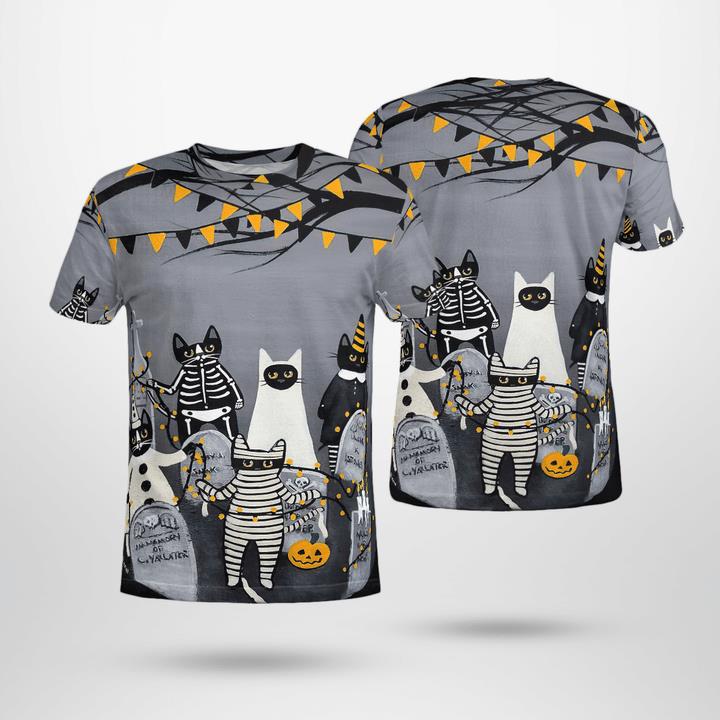 Graveyard At Night Cats Masquerade Ghost Mummy Skelecat Spooky 3D T-Shirt Graveyard At Night Cats Masquerade Ghost Mummy Skelecat Spooky 3D T-Shirt