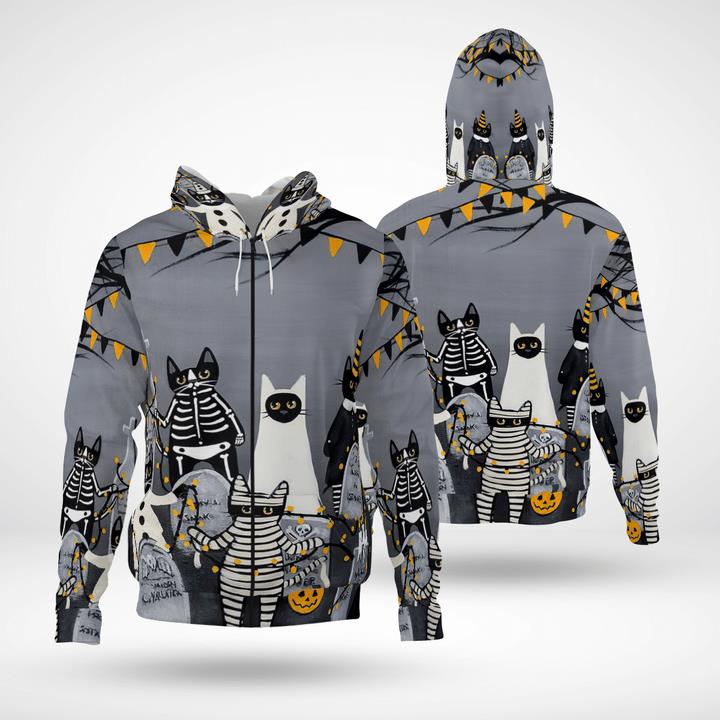 Graveyard At Night Cats Masquerade Ghost Mummy Skelecat Spooky 3D Zip Hoodies