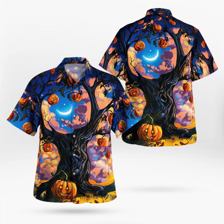 Halloween Crescent Moon Night Haunted Tree Pumpkin 3D Hawaii Shirt