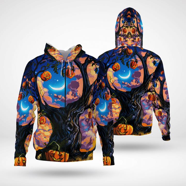 Halloween Crescent Moon Night Haunted Tree Pumpkin 3D Zip Hoodies Halloween Crescent Moon Night Haunted Tree Pumpkin 3D Zip Hoodies