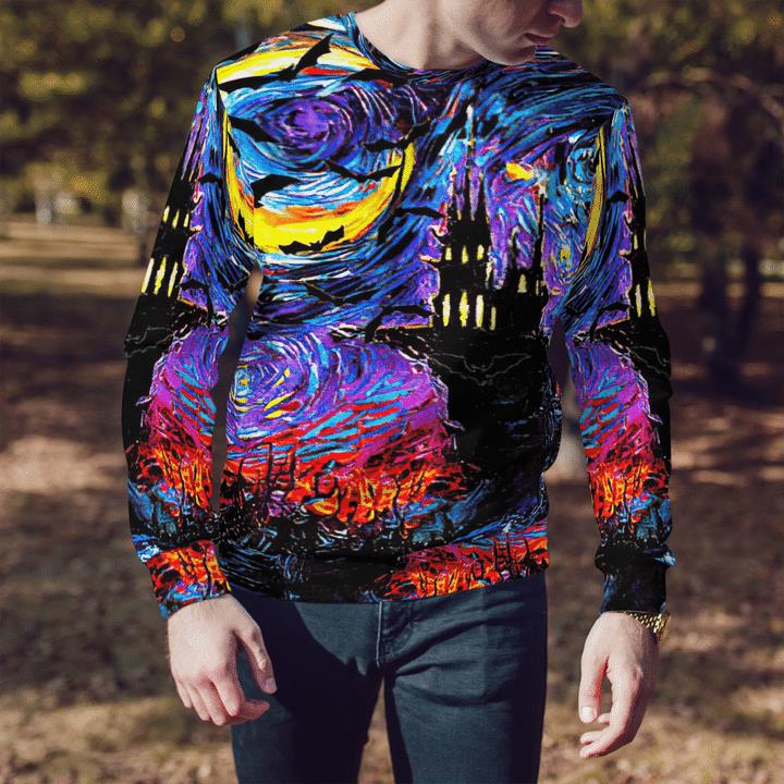 Halloween Haunted Castle In Starry Night Spooky 3D Aop Sweatshirt 2 » Cool Gifts for You - Mfamilygift Halloween Haunted Castle In Starry Night Spooky 3D Aop Sweatshirt 2