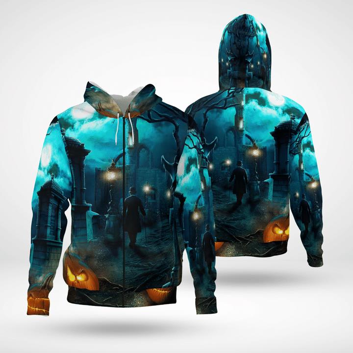 Halloween Midnight Gentleman Pumpkin Spooky 3D Zip Hoodies