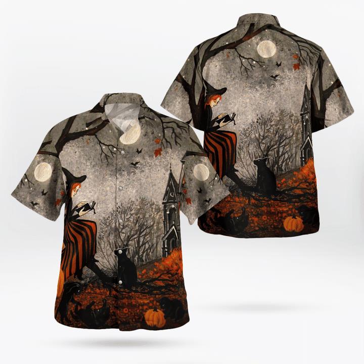 Halloween Night Black Cats And Little Witch Pumpkin 3D Hawaii Shirt