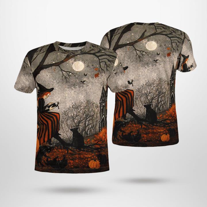 Halloween Night Black Cats And Little Witch Pumpkin 3D T-Shirt Halloween Night Black Cats And Little Witch Pumpkin 3D T-Shirt