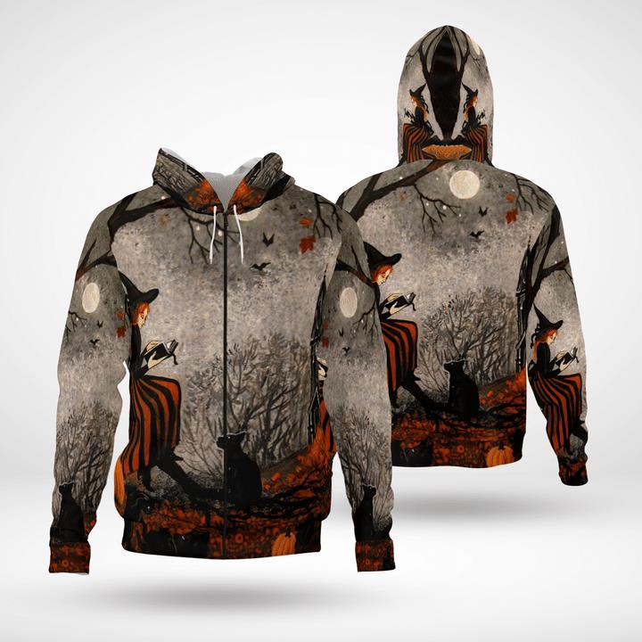 Halloween Night Black Cats And Little Witch Pumpkin 3D Zip Hoodies