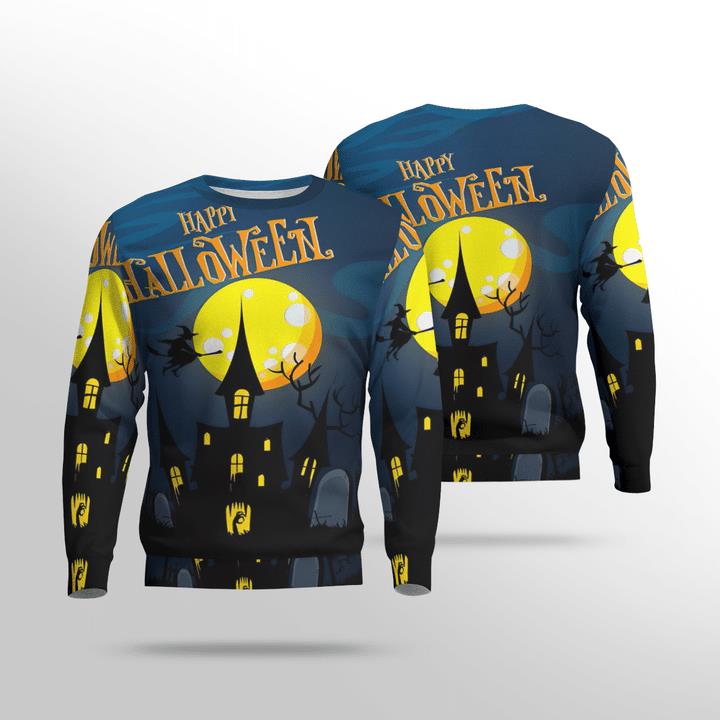 Happy Halloween Golden Moon Night Haunted House Spooky 3D Aop Sweatshirt