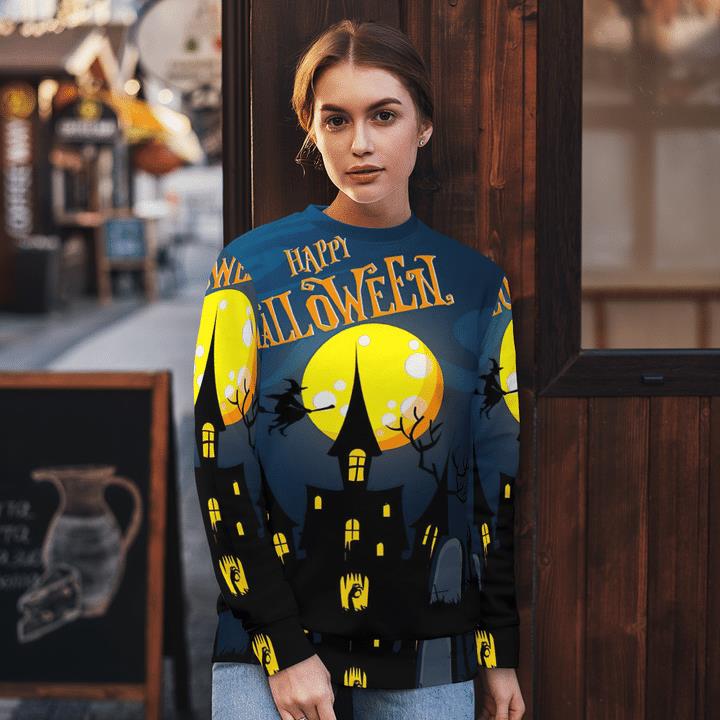 Happy Halloween Golden Moon Night Haunted House Spooky 3D Aop Sweatshirt 1 » Cool Gifts for You - Mfamilygift Happy Halloween Golden Moon Night Haunted House Spooky 3D Aop Sweatshirt 1