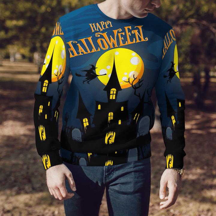 Happy Halloween Golden Moon Night Haunted House Spooky 3D Aop Sweatshirt 2 » Cool Gifts for You - Mfamilygift Happy Halloween Golden Moon Night Haunted House Spooky 3D Aop Sweatshirt 2