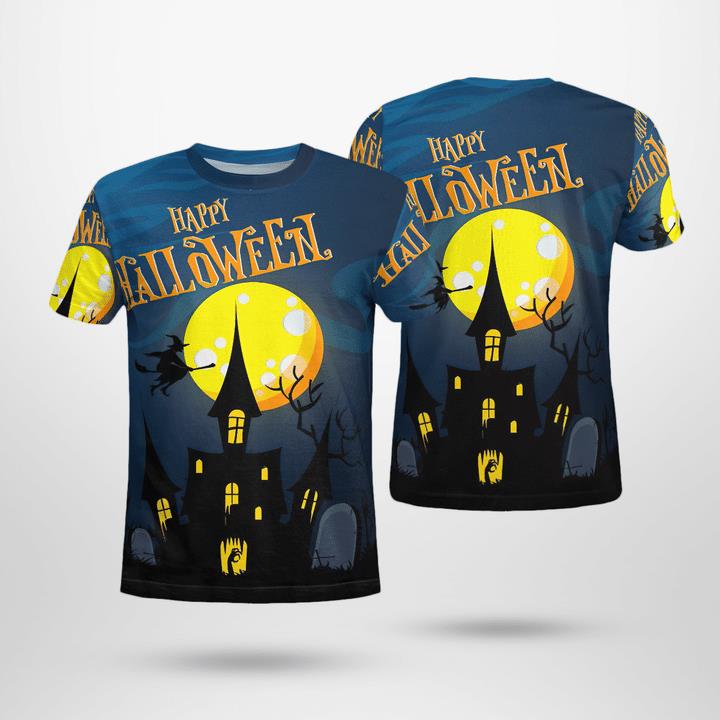 Happy Halloween Golden Moon Night Haunted House Spooky 3D T-Shirt Happy Halloween Golden Moon Night Haunted House Spooky 3D T-Shirt