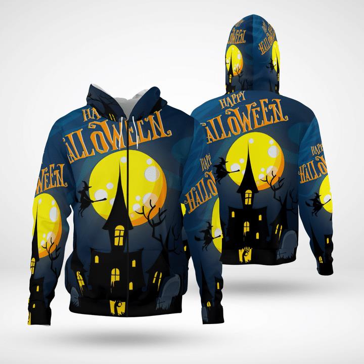 Happy Halloween Golden Moon Night Haunted House Spooky 3D Zip Hoodies