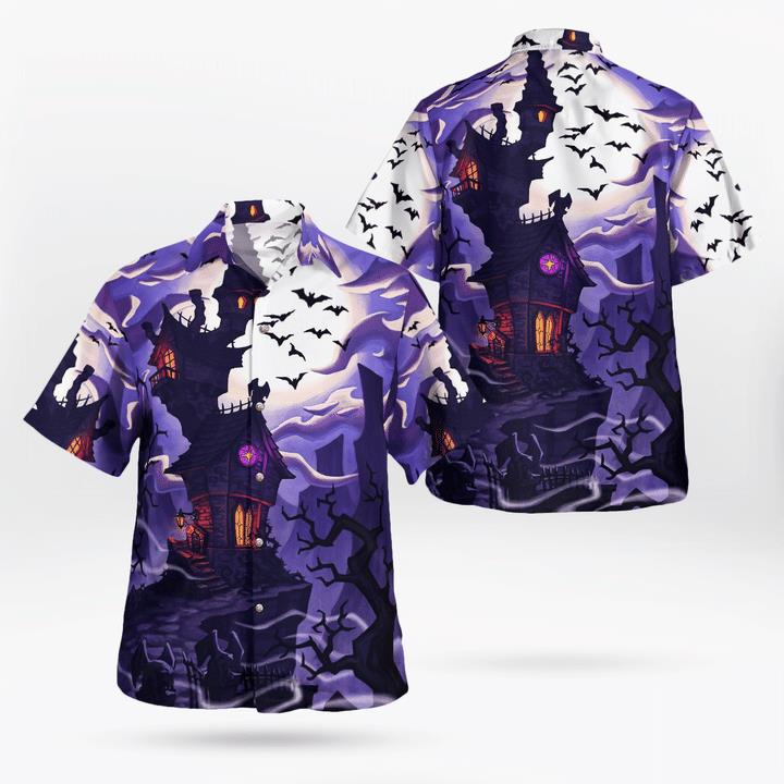 Haunted House At Full Moon Night Bat Rising Spooky 3D Hawaii Shirt
