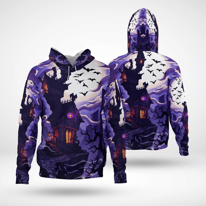 Haunted House At Full Moon Night Bat Rising Spooky 3D Hoodies Haunted House At Full Moon Night Bat Rising Spooky 3D Hoodies