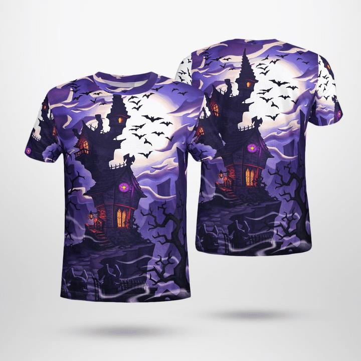 Haunted House At Full Moon Night Bat Rising Spooky 3D T-Shirt Haunted House At Full Moon Night Bat Rising Spooky 3D T-Shirt