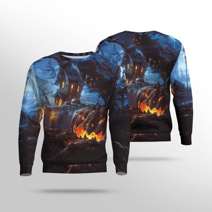 Haunted Land At Night Scary Spooky Tree Pumpkin 3D Aop Sweatshirt