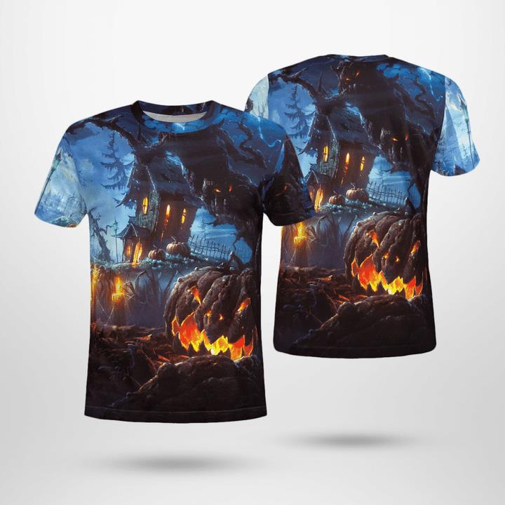 Haunted Land At Night Scary Spooky Tree Pumpkin 3D T-Shirt Haunted Land At Night Scary Spooky Tree Pumpkin 3D T-Shirt