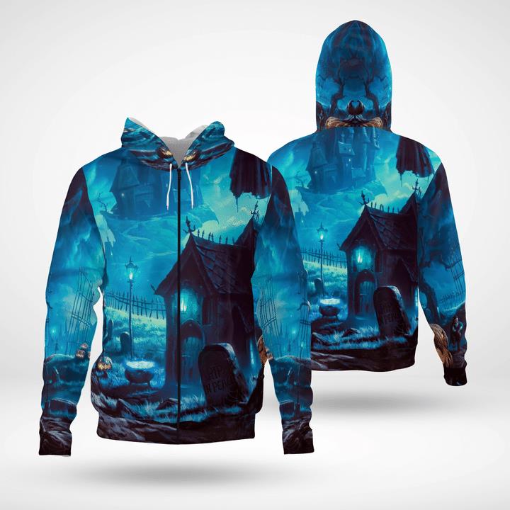 Headstone Rip In Peace Haunted Castle Spooky Halloween 3D Zip Hoodies