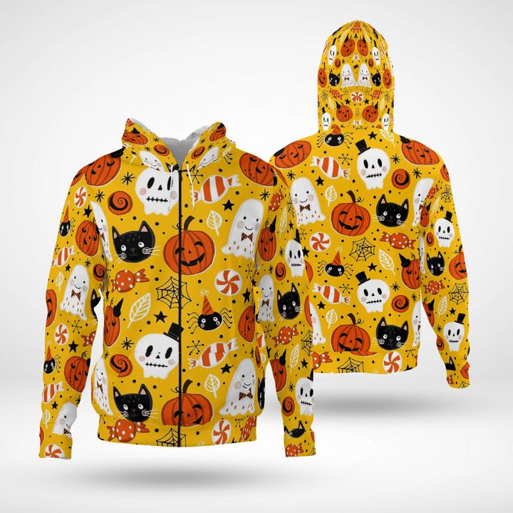 Lovey Cute Halloween Symbols Ghost Spider Pumpkin Spooky Party 3D Zip Hoodies