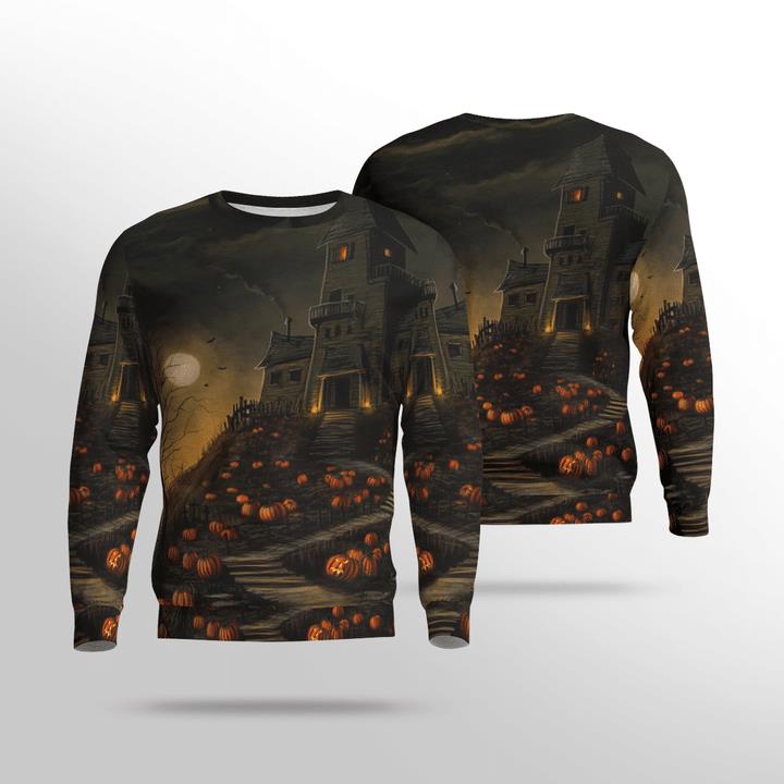Pumpkin Garden Haunted House Scary Night Halloween 3D Aop Sweatshirt Pumpkin Garden Haunted House Scary Night Halloween 3D Aop Sweatshirt