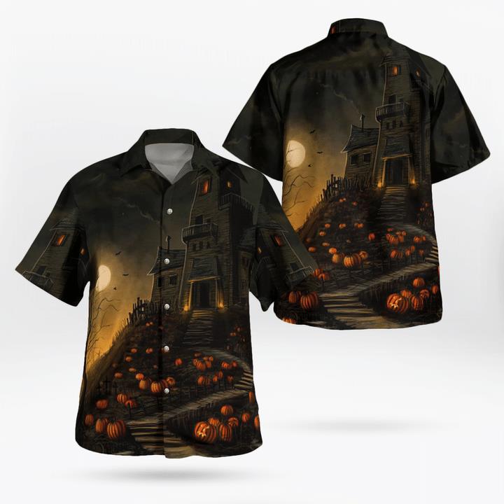 Pumpkin Garden Haunted House Scary Night Halloween 3D Hawaii Shirt