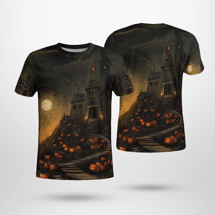 Pumpkin Garden Haunted House Scary Night Halloween 3D T-Shirt