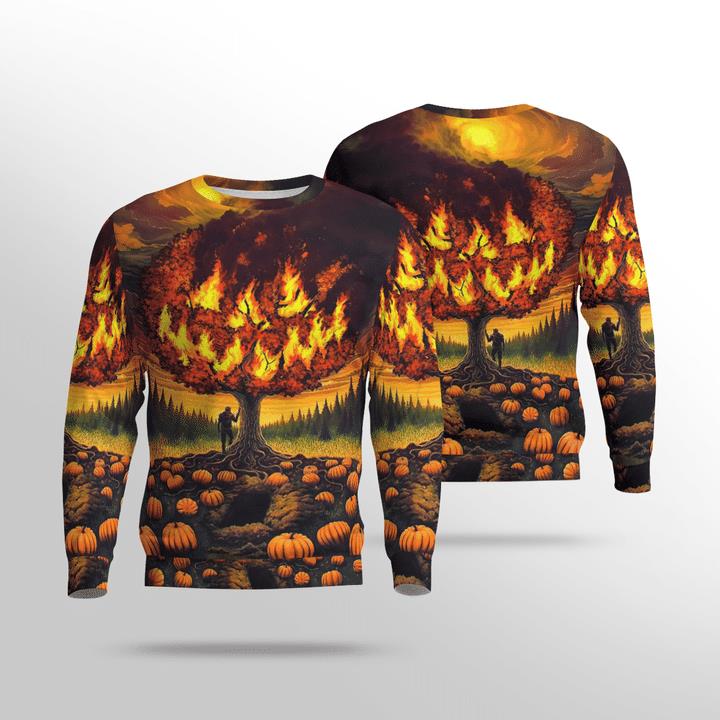 Scary Burning Tree Smiling Spooky Pumpkin Halloween 3D Aop Sweatshirt