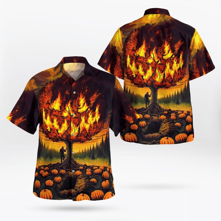 Scary Burning Tree Smiling Spooky Pumpkin Halloween 3D Hawaii Shirt