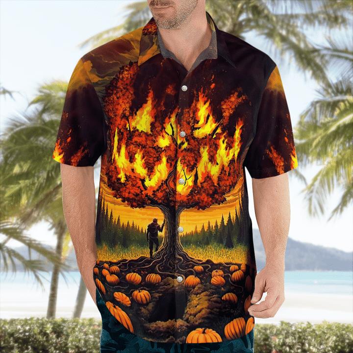 Scary Burning Tree Smiling Spooky Pumpkin Halloween 3D Hawaii Shirt 1