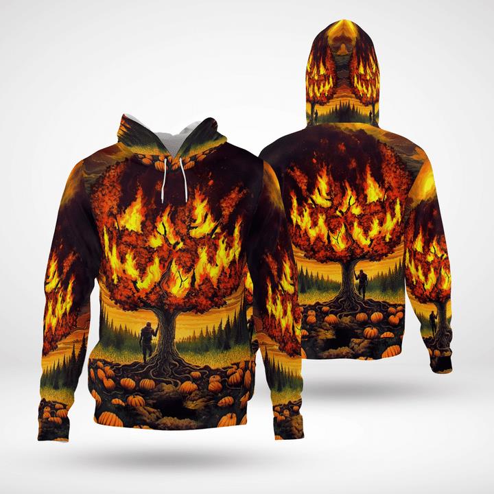 Scary Burning Tree Smiling Spooky Pumpkin Halloween 3D Hoodies