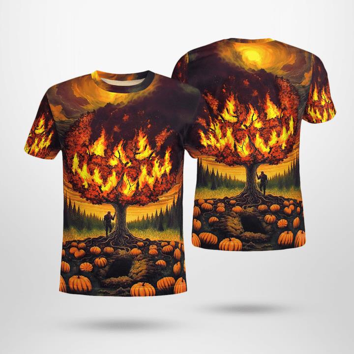 Scary Burning Tree Smiling Spooky Pumpkin Halloween 3D T-Shirt Scary Burning Tree Smiling Spooky Pumpkin Halloween 3D T-Shirt