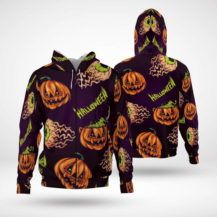 Scary Flying Eyeball Pumpkins Halloween Spooky 3D Zip Hoodies