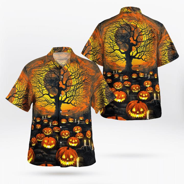 Scary Full Moon Night Pumpkin Yard Spooky Halloween 3D Hawaii Shirt