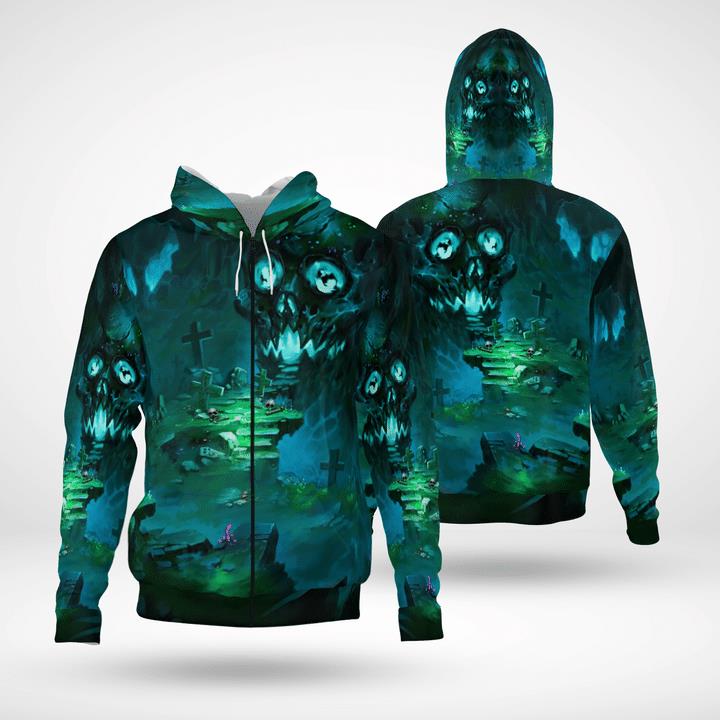 Scary Gate Of Demon Headstone Spooky Halloween 3D Zip Hoodies Scary Gate Of Demon Headstone Spooky Halloween 3D Zip Hoodies