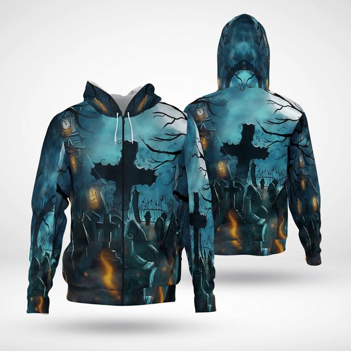 Scary Halloween Night At Graveyard Spooky 3D Zip Hoodies