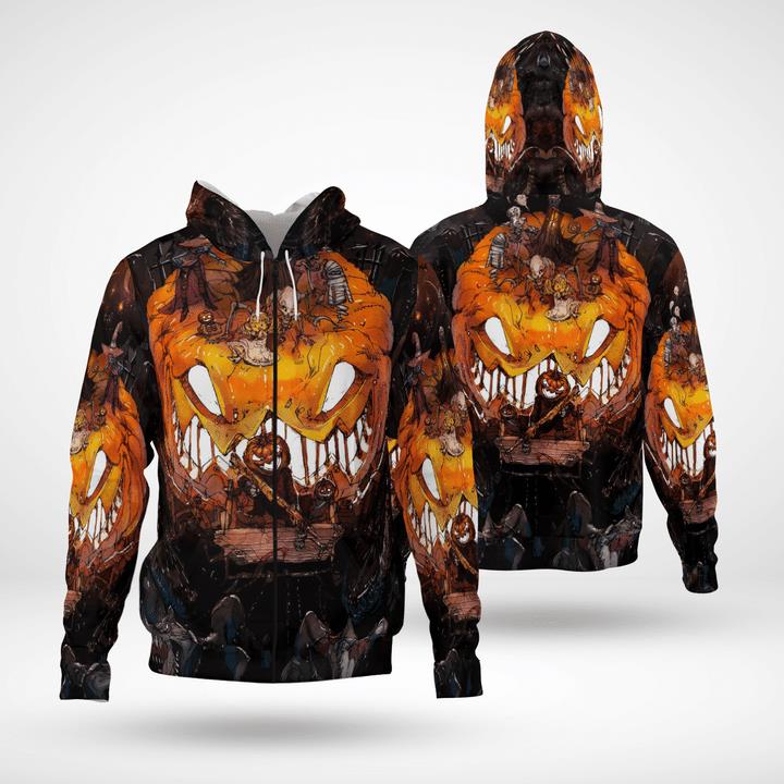 Scary Night Halloween Zombie Pumpkin Rising Haunted Spooky 3D Zip Hoodies