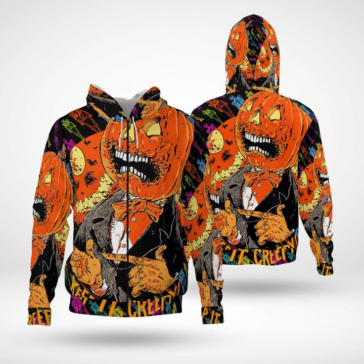 Scary Pumpkin Gentleman Keep It Creepy Spooky Halloween 3D Zip Hoodies