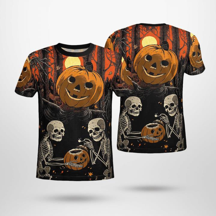Scary Skeleton Halloween Scarecrow Pumpkinhead Spooky 3D T-Shirt