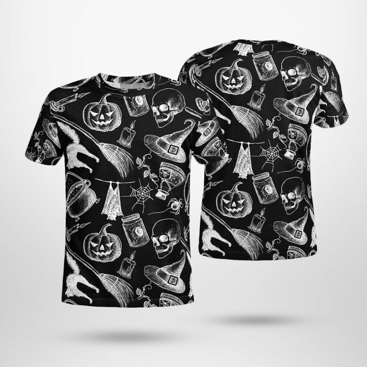 Scary Symbols Halloween Witch Pumpkin Black 3D T-Shirt