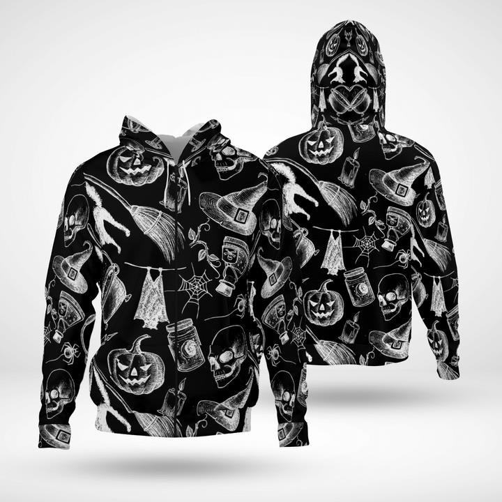 Scary Symbols Halloween Witch Pumpkin Black 3D Zip Hoodies
