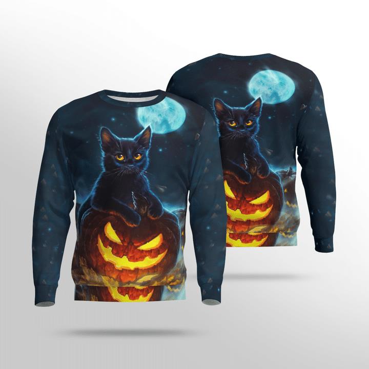 Starry Night Fullmoon Black Cat Spooky Pumpkin 3D Aop Sweatshirt