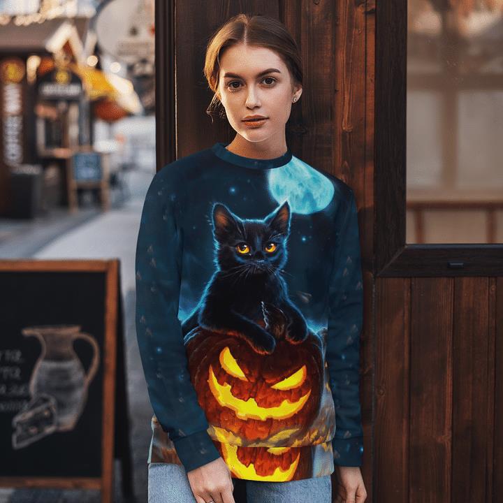 Starry Night Fullmoon Black Cat Spooky Pumpkin 3D Aop Sweatshirt 1