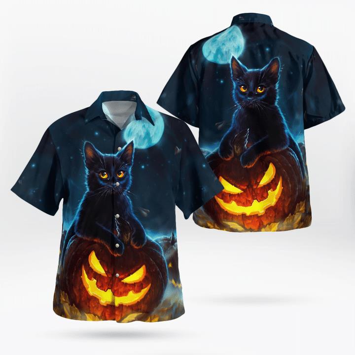 Starry Night Fullmoon Black Cat Spooky Pumpkin 3D Hawaii Shirt Starry Night Fullmoon Black Cat Spooky Pumpkin 3D Hawaii Shirt
