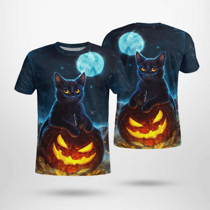 Starry Night Fullmoon Black Cat Spooky Pumpkin 3D T-Shirt