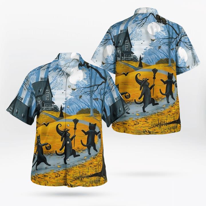 Trick Or Treat Parade Of Black Cat Witch Spooky Halloween 3D Hawaii Shirt