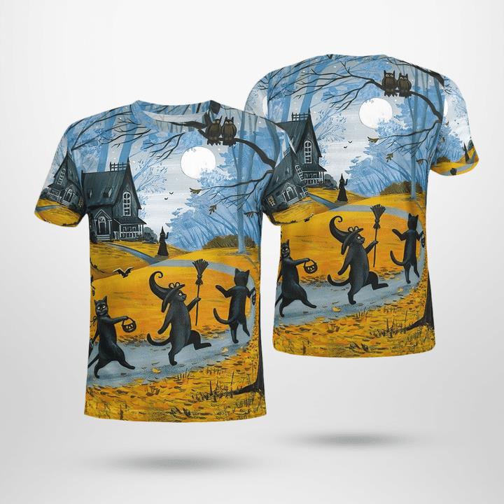 Trick Or Treat Parade Of Black Cat Witch Spooky Halloween 3D T-Shirt