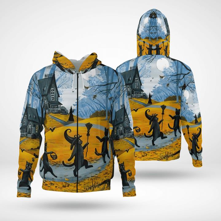 Trick Or Treat Parade Of Black Cat Witch Spooky Halloween 3D Zip Hoodies